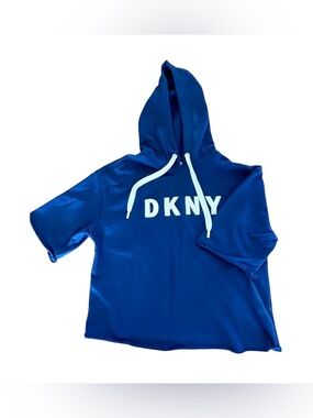 DKNY Sport Short Sleeve Blue Hoodie with White Lettering and Drawstrings Size M